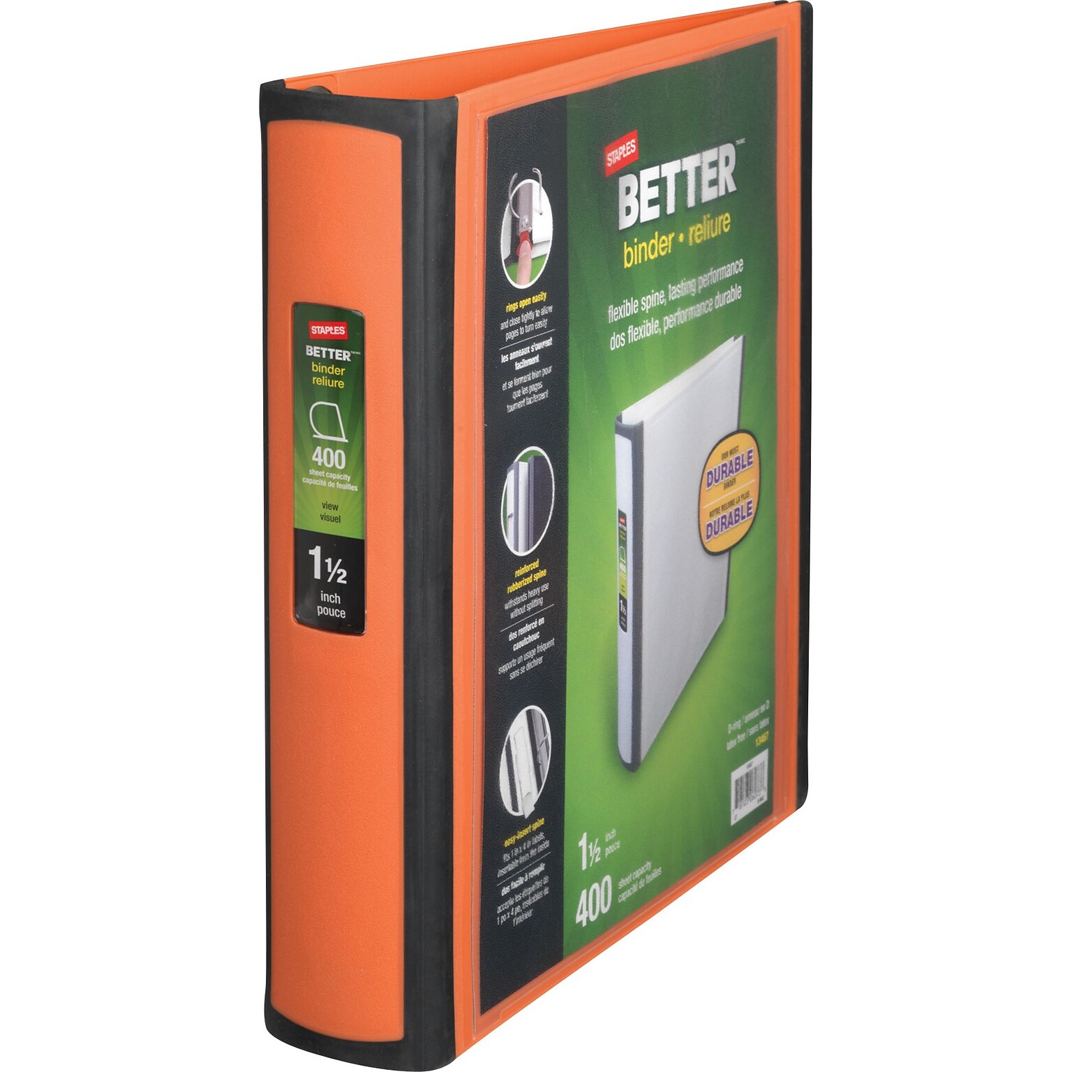 Staples® Better 1-1/2 3 Ring View Binder with D-Rings, Orange (13467)