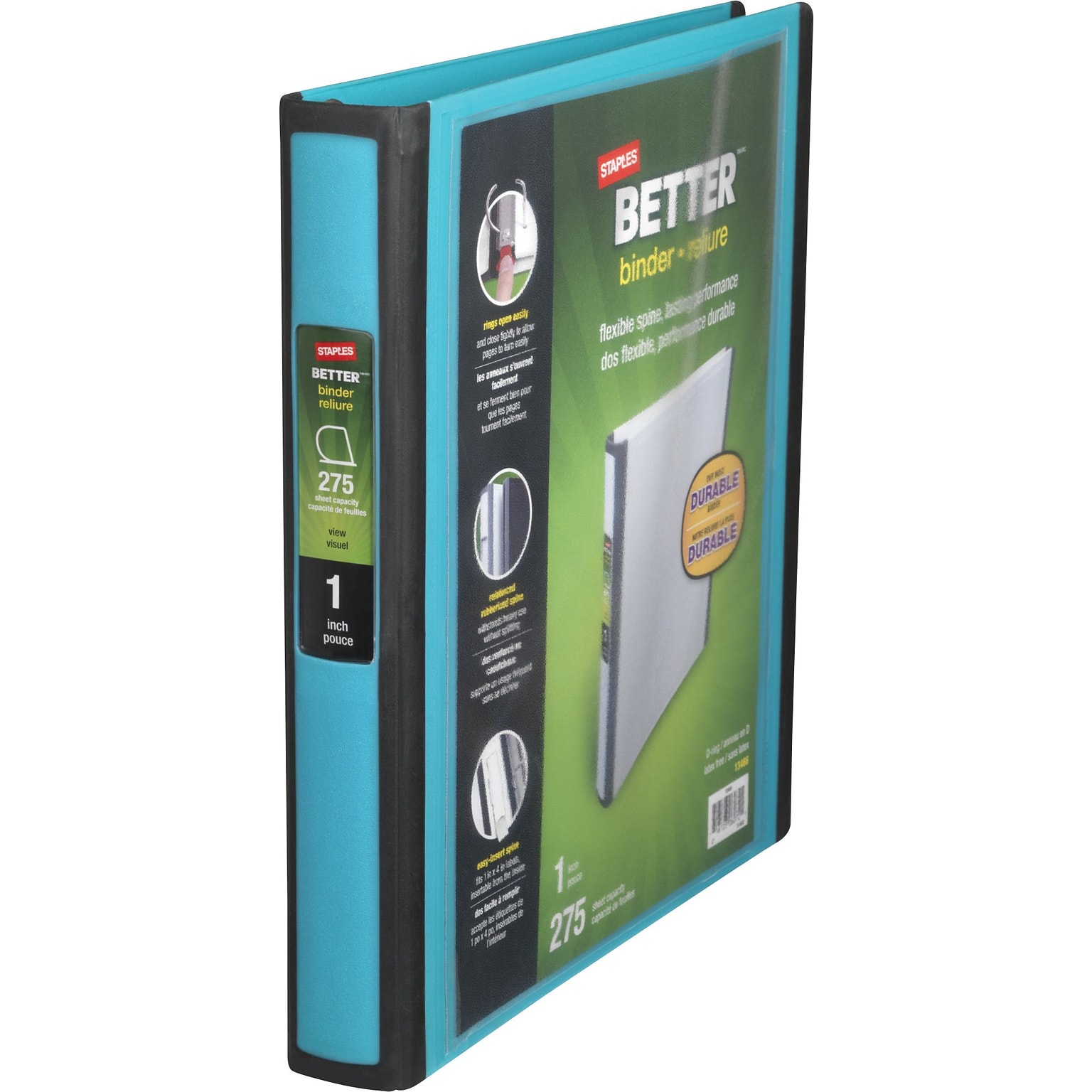 Staples® Better 1 3 Ring View Binder with D-Rings, Teal (13466-CC)