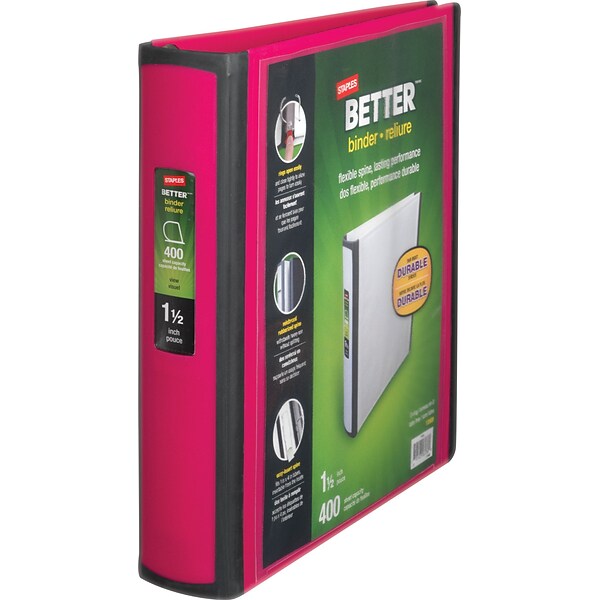 Staples® Better 11/2" 3 Ring View Binder with DRings, Pink (13569CC