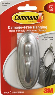 Command® Large Hook, 1 Hook, 2 White Adhesive Strips, Damage Free Hanging Picture Hangers, No Tools Wall Hanging for Back to School Dorm Organization