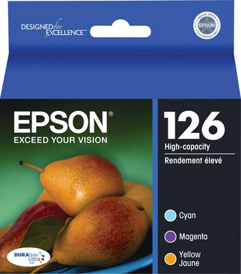 Epson T126 Cyan/Magenta/Yellow High Yield Ink Cartridge, 3/Pack (T126520-S)