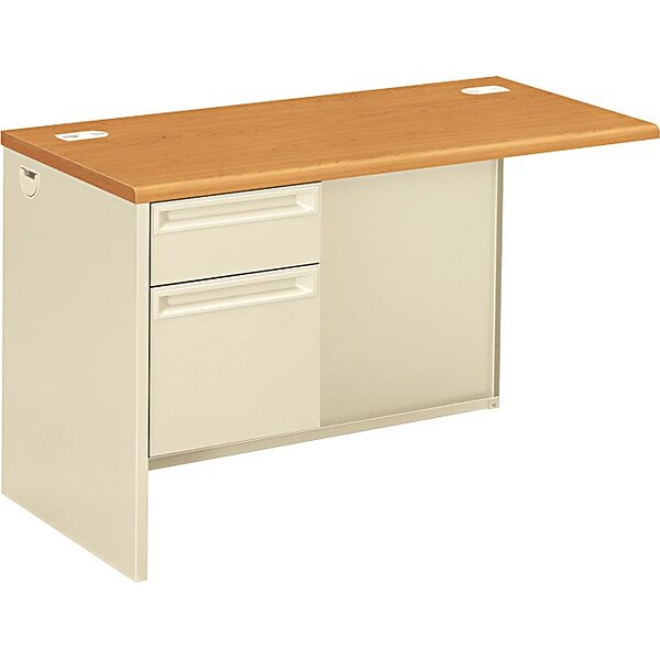 HON® 38000 Series Single-Pedestal Steel Desk w/Flush Left Return Box/File w/Lock, 29-1/2H x 48W x 24D, Harvest/Putty