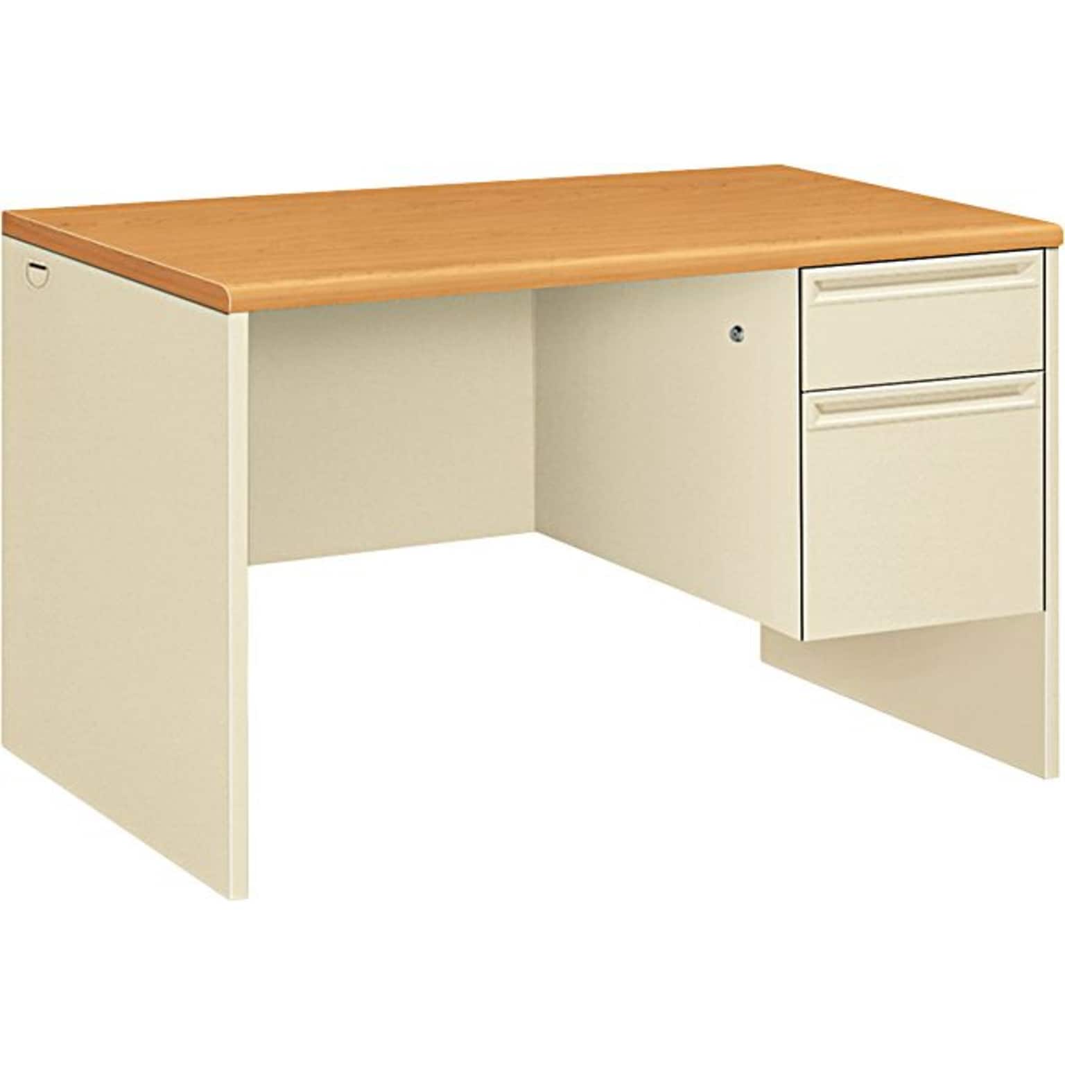 HON® 38000 Series Single Pedestal Desk, Harvest Oak/Putty