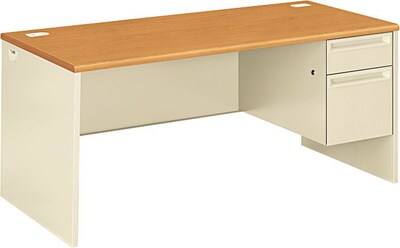 HON 38000 Series L Workstation Right Pedestal Desk, Harvest Oak/Putty, Order Left Return | Quill