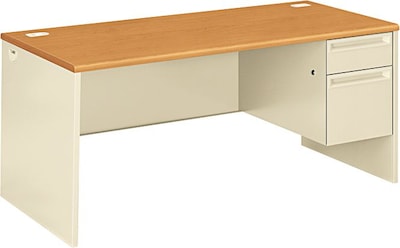 HON 38000 Series L Workstation Right Pedestal Desk, Harvest Oak/Putty, Order Left Return | Quill