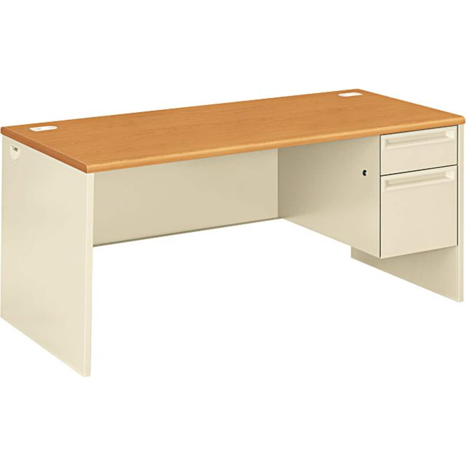 HON® 38000 Series L Workstation Right Pedestal Desk, Harvest Oak/Putty, Order Left Return