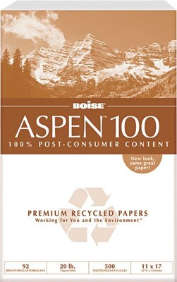 Boise ASPEN 100 11 x 17 Multi-Use Recycled Paper, 20 lbs., 92 Brightness, 2500 Sheets/Carton (054925)