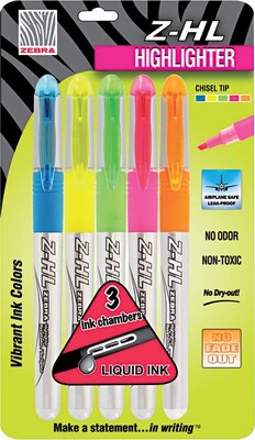 Zebra Z-HL Tank Highlighters, Chisel Tip, Assorted, 5/Pack (ZEB77005)