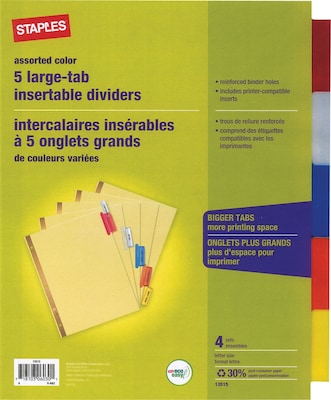 Staples Big Tab Insertable Dividers, 5-Tab, Multicolor, 4/Sets