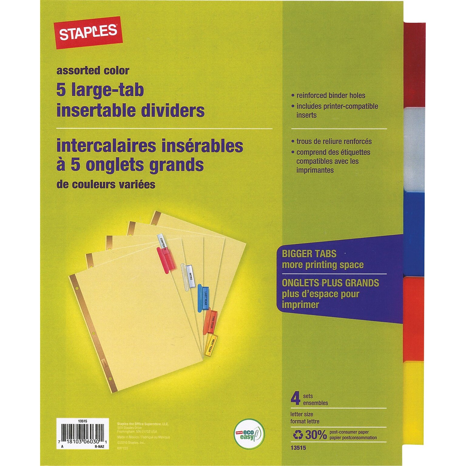 Staples Big Tab Insertable Dividers, 5-Tab, Multicolor, 4/Sets