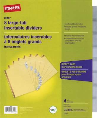 Staples Big Tab Insertable Dividers, 8-Tab, Clear, 4/Pack (13516)