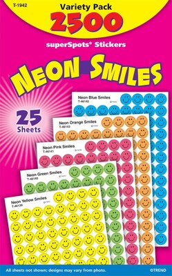 superSpots® Sticker Variety Pack, Neon Smiles, 2,500 per Pack