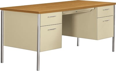 HON® 34000 Series Double Pedestal Desk, 2 Box/2 File Drawers, 60W, Harvest Laminate, Putty Finish N