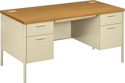 HON® Metro Classic Double Pedestal Desk, 2 Box/2 File Drawers, 60W, Harvest Laminate, Putty Finish