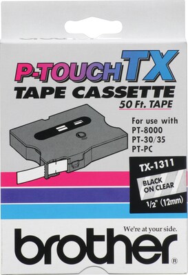 Brother TX TX1311 Label Maker Tape, 1/2W, Black on Clear