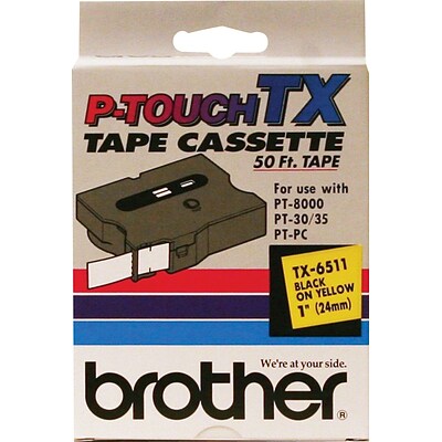 Brother TX Series TX6511 Label Maker Tape, 1W, Black on Yellow