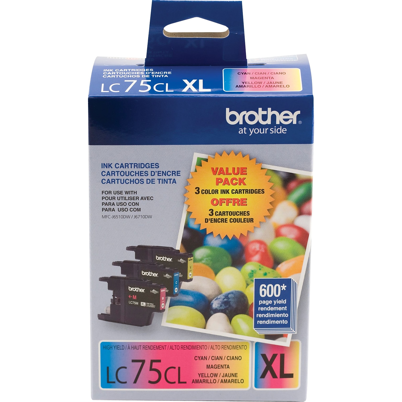 Brother LC753PKS Cyan/Magenta/Yellow High Yield Ink Cartridge, 3/Pack