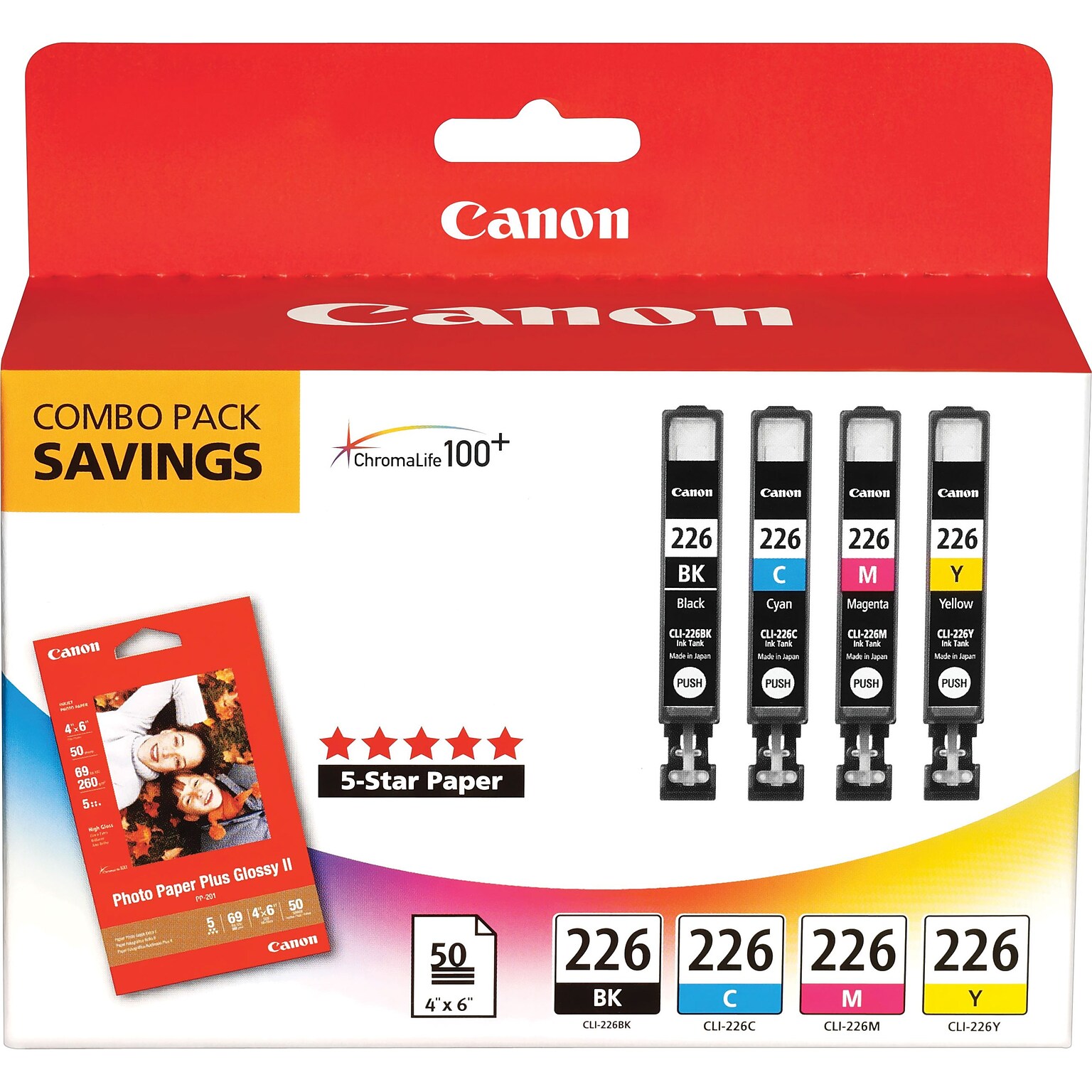 Canon 226 Black/Cyan/Magenta/Yellow Standar Yield Ink Cartridge with Photo Paper, 4/Pack (4546B007)