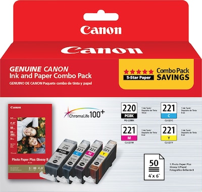 Canon 220/221 Black/Cyan/Magenta/Yellow Standard Yield Ink Cartridge with 50 Sheets 4x6 Photo Paper,