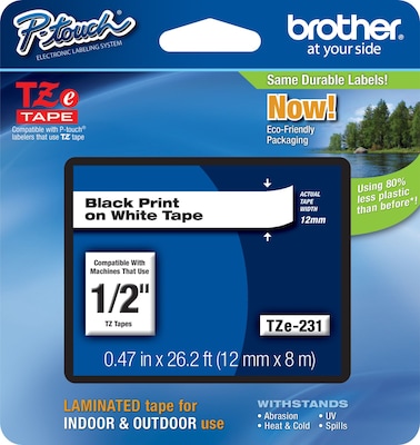 Brother® TZe Series Tape; 1/2, Black Lettering on White Label Tape- 10 Pack