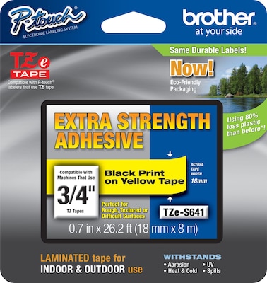 Brother P-touch TZe-S641 Laminated Extra Strength Label Maker Tape, 3/4 x 26-2/10, Black on Yellow