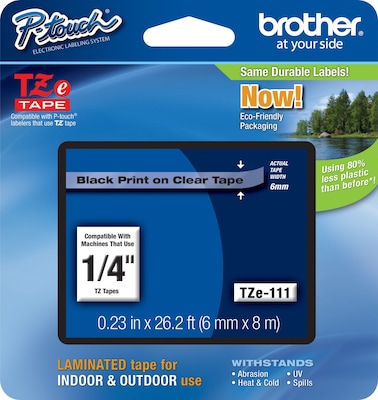 Brother P-touch TZe-111 Laminated Label Maker Tape, 1/4 x 26-2/10, Black on Clear (TZe-111)