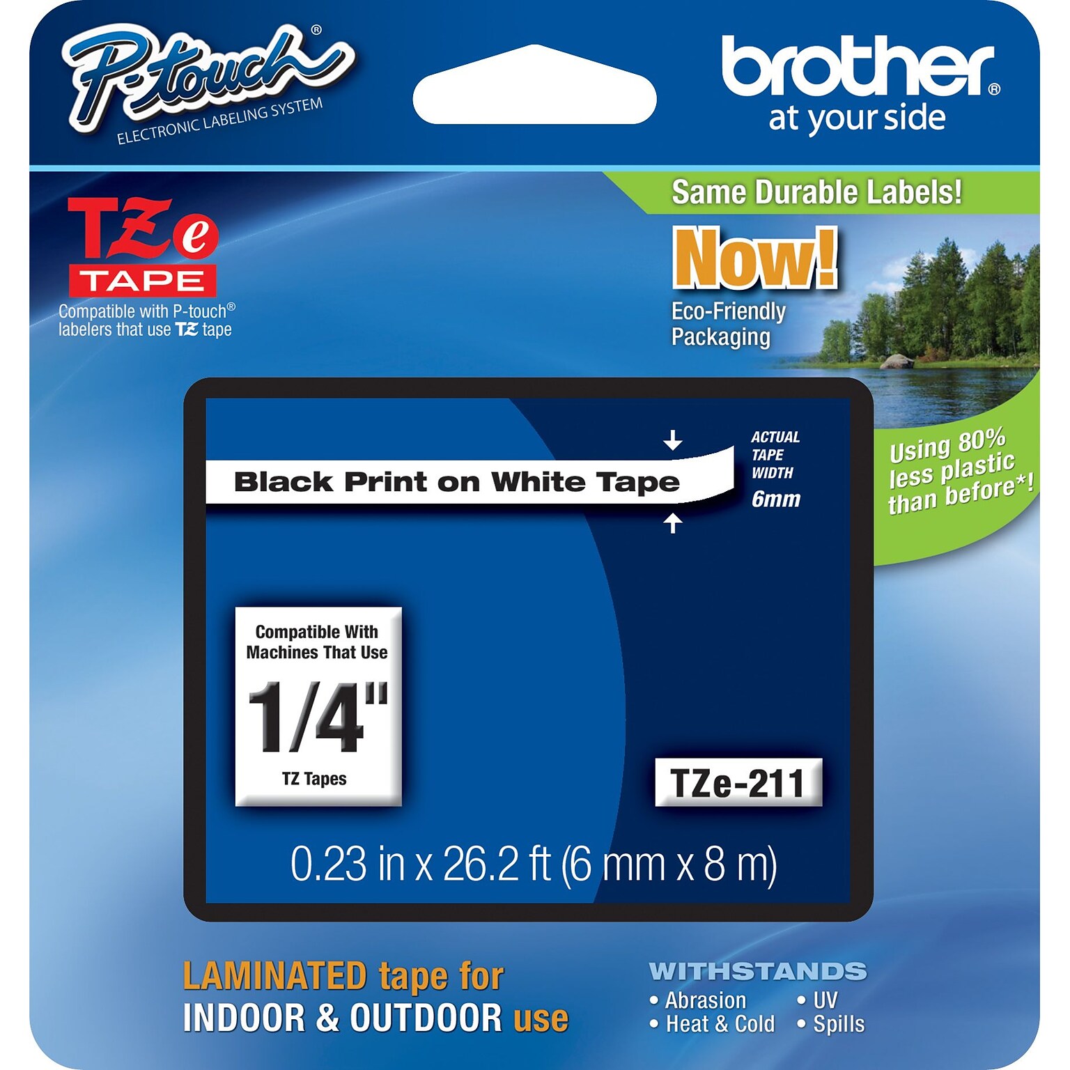 Brother TZ-E211 Label Maker Tape, 0.23W, Black On White