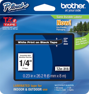 Brother P-touch TZe-315 Laminated Label Maker Tape, 1/4 x 26-2/10, White on Black (TZe-315)