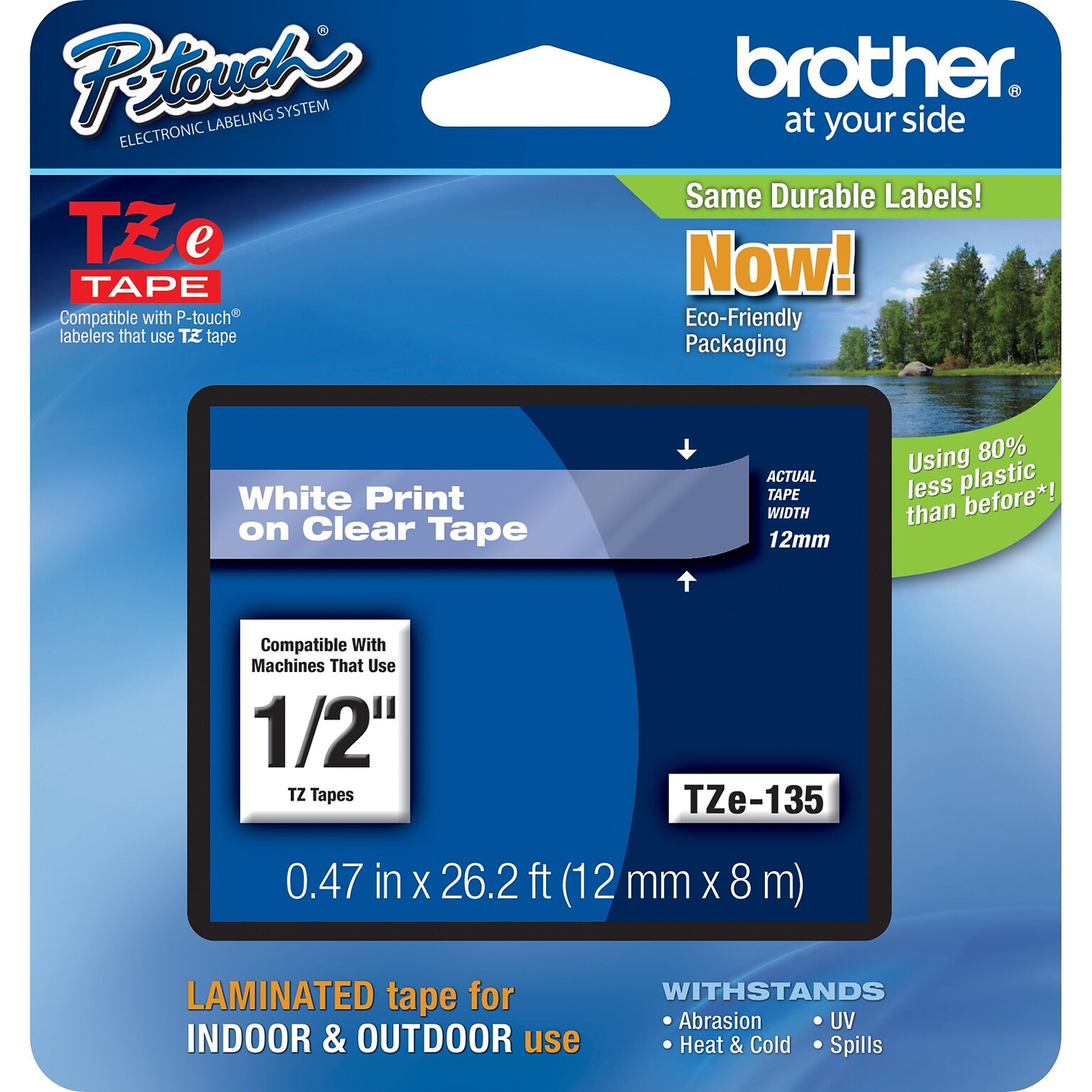 Brother P-touch TZe-135 Laminated Label Maker Tape, 1/2 x 26-2/10, White on Clear (TZe-135)