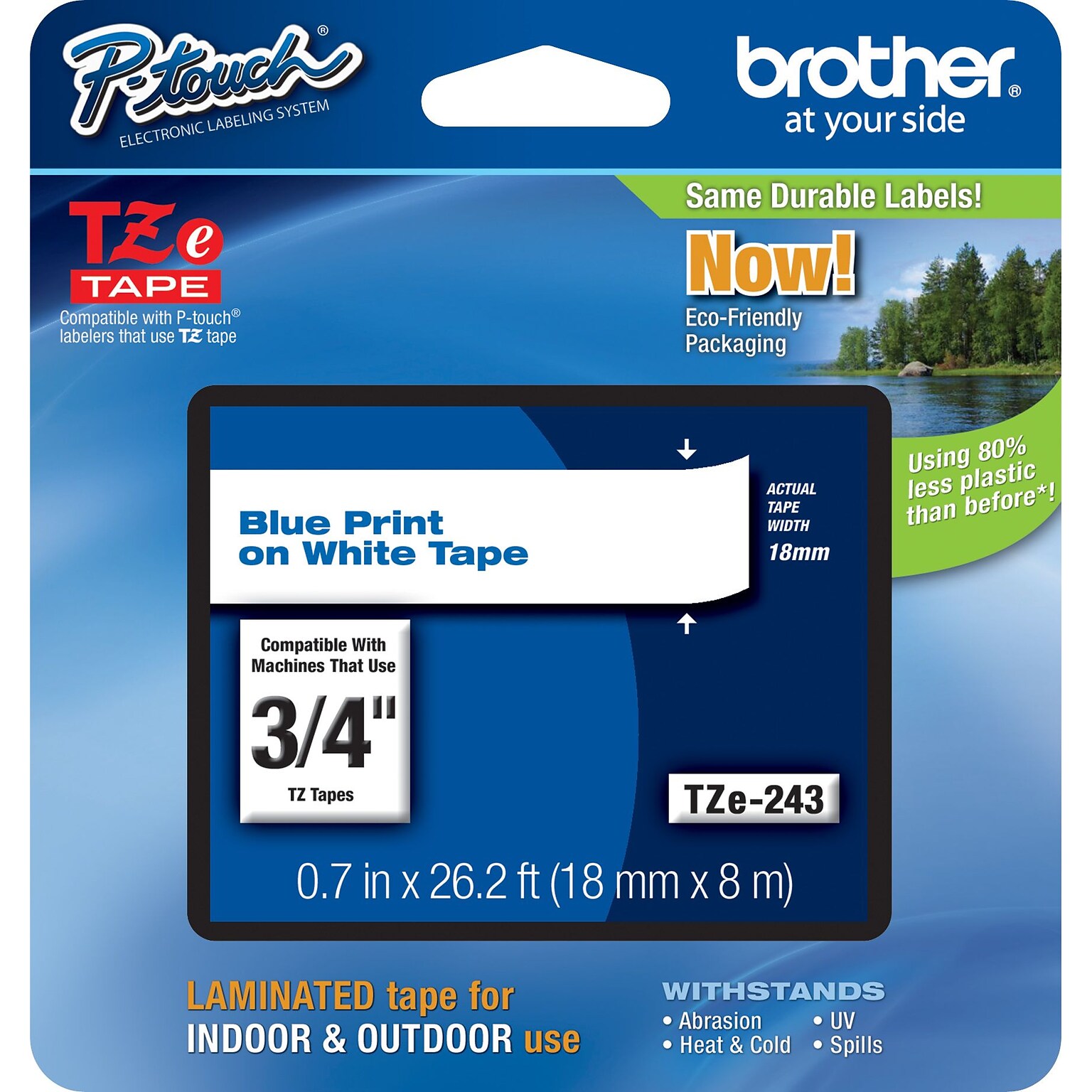 Brother P-touch TZe-243 Laminated Label Maker Tape, 3/4 x 26-2/10, Blue On White (TZe-243)