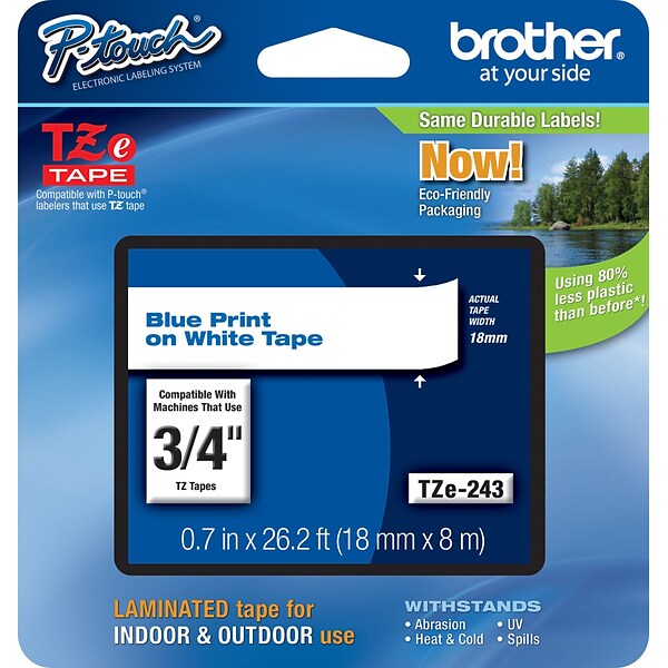 Brother TZ-E243 Label Maker Tape, 0.7W, Blue On White