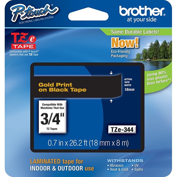 Brother TZE344 Label Maker Tape, 0.7W, Gold On Black