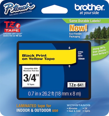 Brother P-touch TZe-641 Laminated Label Maker Tape, 3/4 x 26-2/10, Black On Yellow (TZe-641)