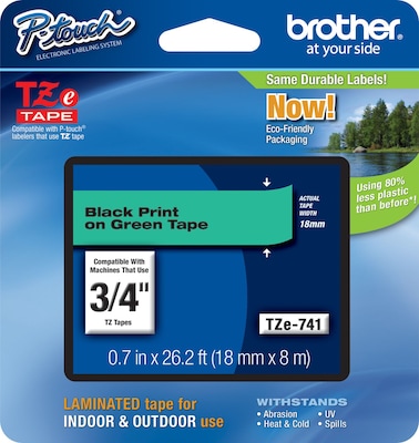Brother P-touch TZe-741 Laminated Label Maker Tape, 3/4" x 26-2/10', Black On Green (TZe-741)