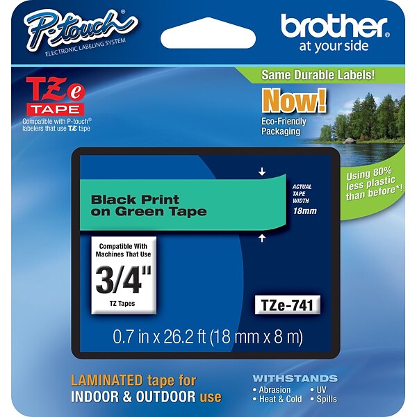 Brother TZE741 Label Maker Tape, 0.75W, Black On Green
