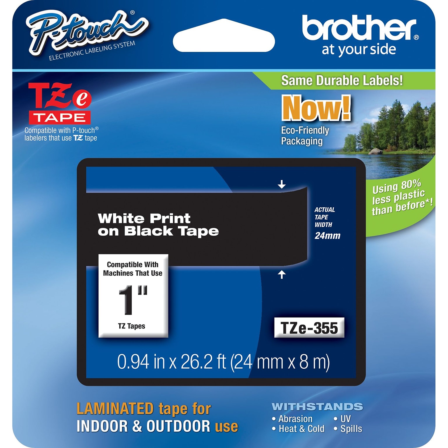 Brother TZ-E355 Label Maker Tape, 0.94W, White On Black
