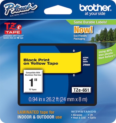 Brother P-touch TZe-651 Laminated Label Maker Tape, 1 x 26-2/10, Black On Yellow (TZe-651)