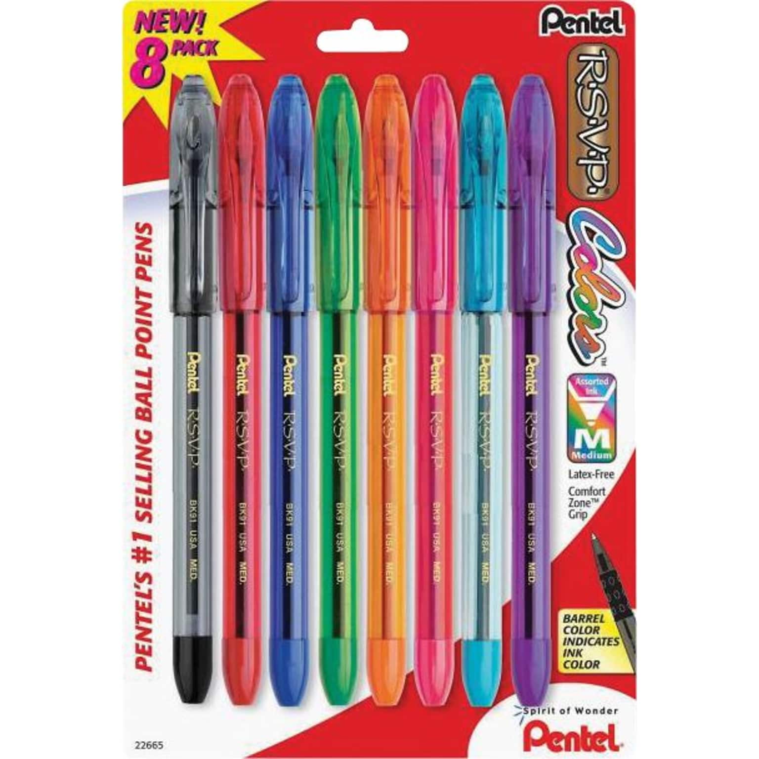 Pentel R.S.V.P. Ballpoint Pens, Medium Point, Assorted Ink, 8/Pack (BK91CRBP8M)