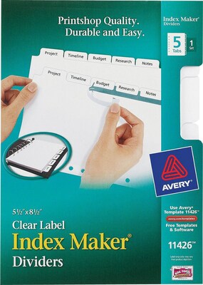 Avery® Memo-Size Index Maker® Tabs for Laser and Inkjet Printers, 5 Tab Set, 5-1/2 x 8-1/2, White