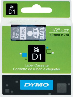 DYMO D1 45020 Label Maker Tape, 1/2W, White on Clear