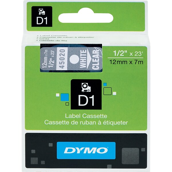 DYMO D1 45020 Label Maker Tape, 1/2W, White on Clear