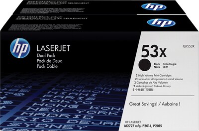 HP 53X Black Toner Cartridge, High Yield, 2/Pack (Q7553XD)
