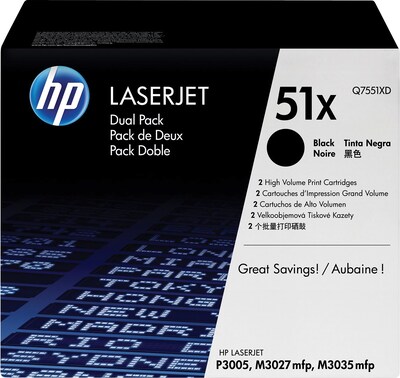 HP 51X Black High Yield Toner Cartridge, 2/Pack