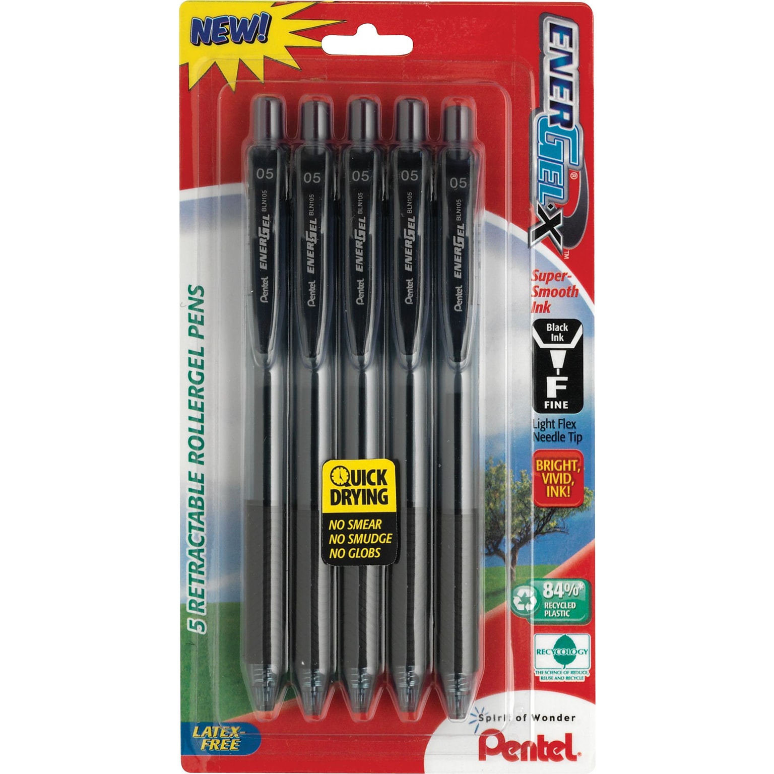 Pentel EnerGel-X RollerGel Retractable Gel Pens, Medium Point, 0.7mm, Black Ink, 5/Pack (BL107BPS5A)