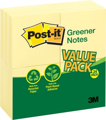 Post-it® Greener Notes, 3 x 3, Canary Yellow, 24 Pads/Pack (654-RP24YW)