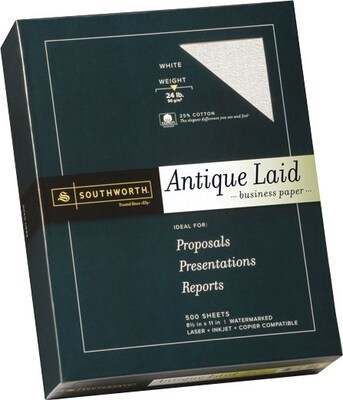 SOUTHWORTH Antique Laid Business Paper, 8 1/2 x 11, 24 lb., Laid Finish, White, 500/Box