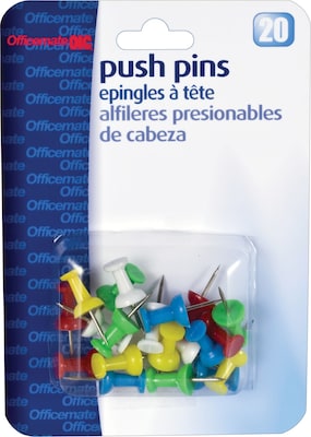 OIC Push Pins, Plastic, Assorted Colors, 20/Pack (OIC92600)