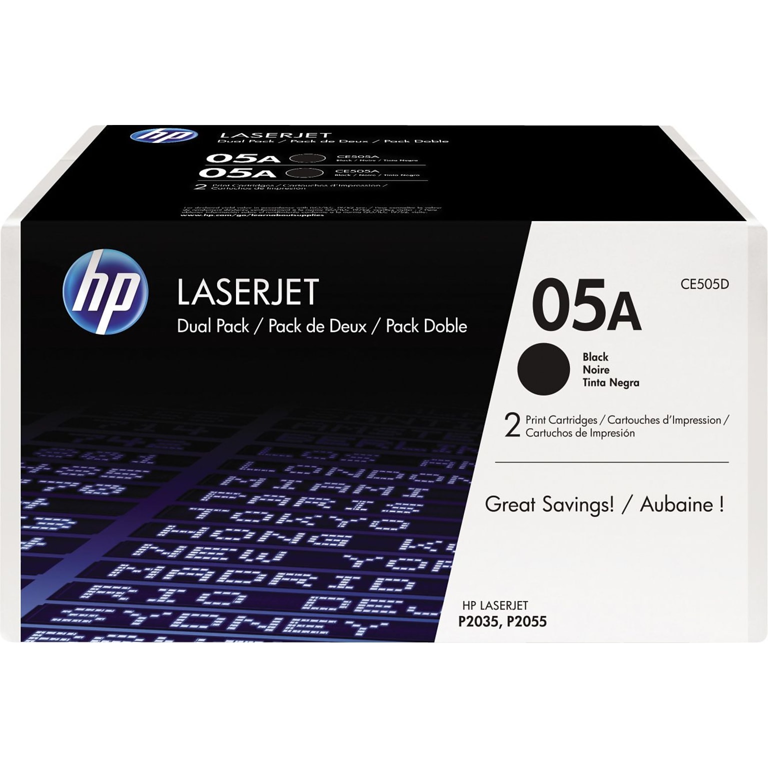 HP 05A Black Standard Yield Toner Cartridge, 2/Pack (CE505D), print up to 2300 pages