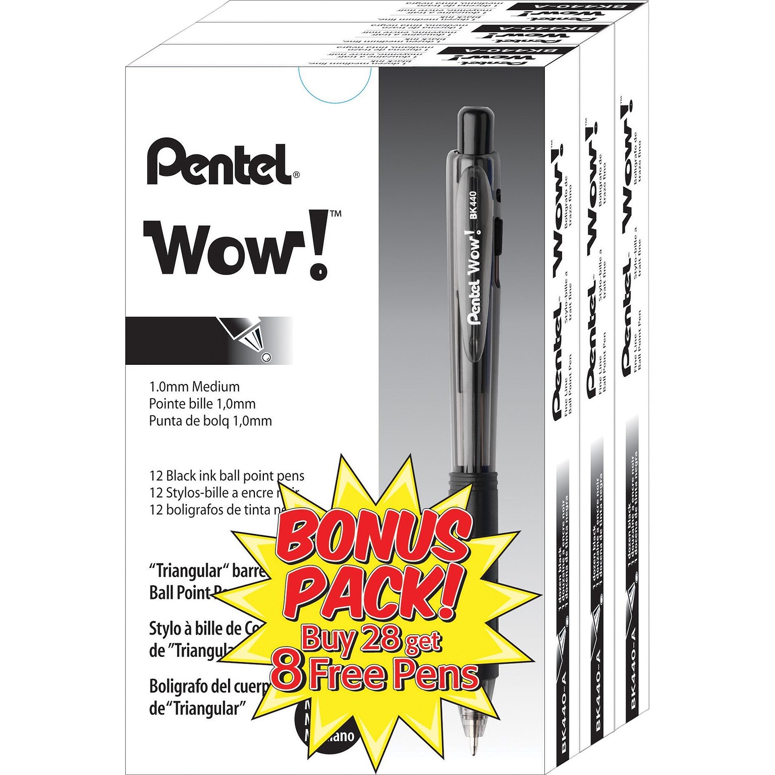 Pentel® WOW® Retractable Ballpoint Pens, Medium Point, Black, Bonus Pack, 36/Pack