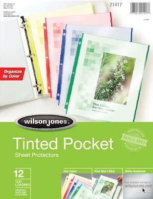 Wilson Jones® Tinted Pocket Sheet Protectors, 8-1/2" x 11",  Assorted Colors, 12/Pack (W21417)